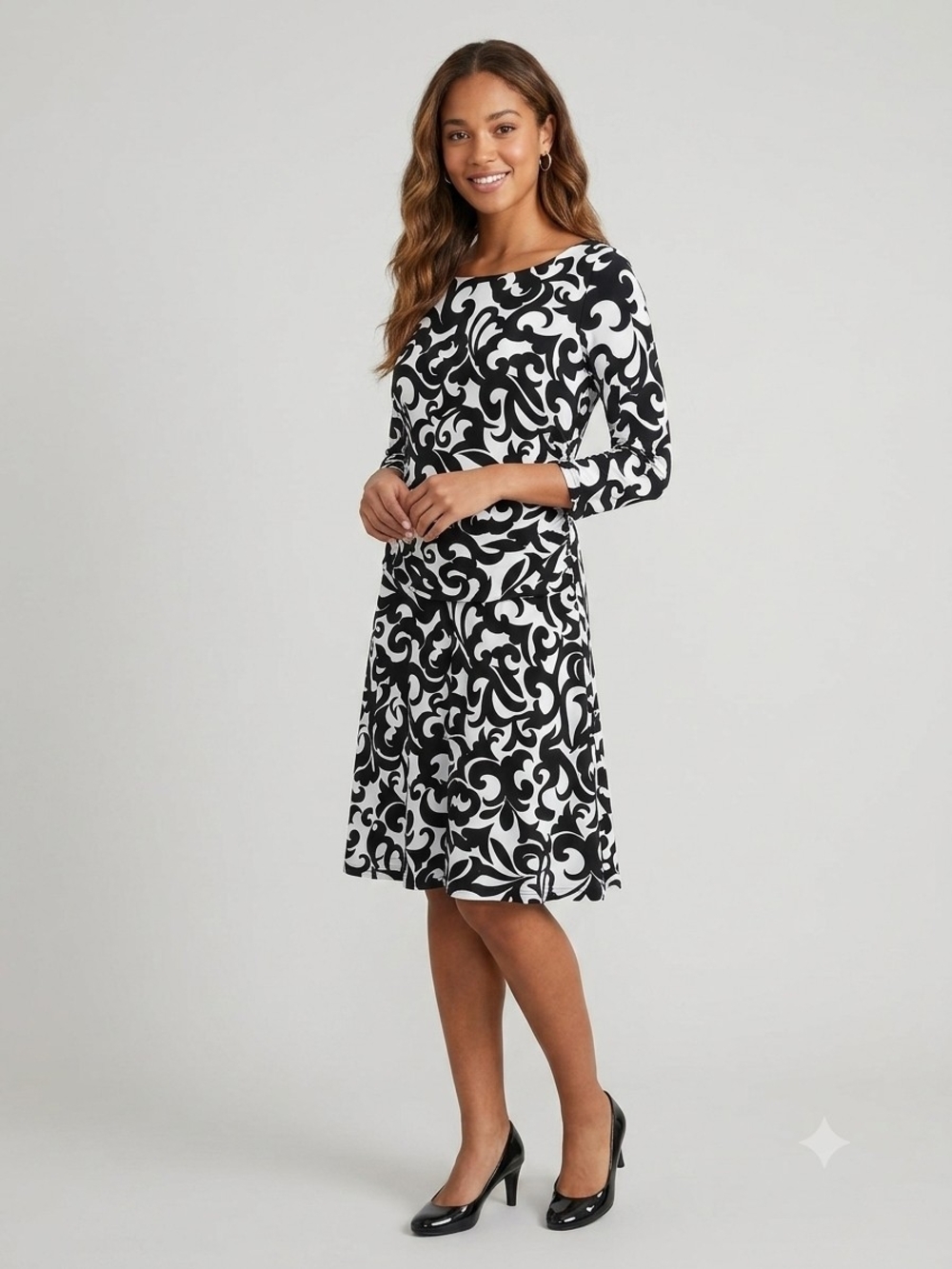 Black & White Swirl Print Long-Sleeve Fit-and-Flare Dress
